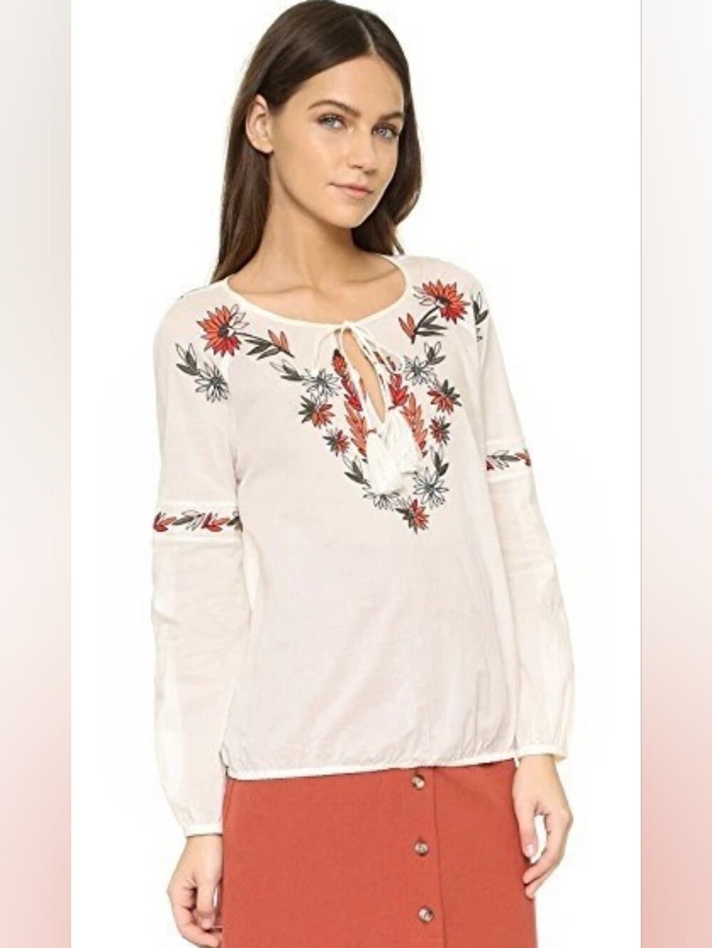 Tory Burch Bohemian Floral Embroidered Peasant Blouse Cottagecore